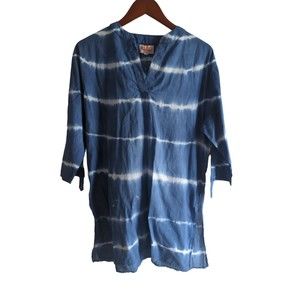 Top It Off Women's Blue Tie Dyed Gauzy 3/4 Sleeve Blouse L Beach Sheer
